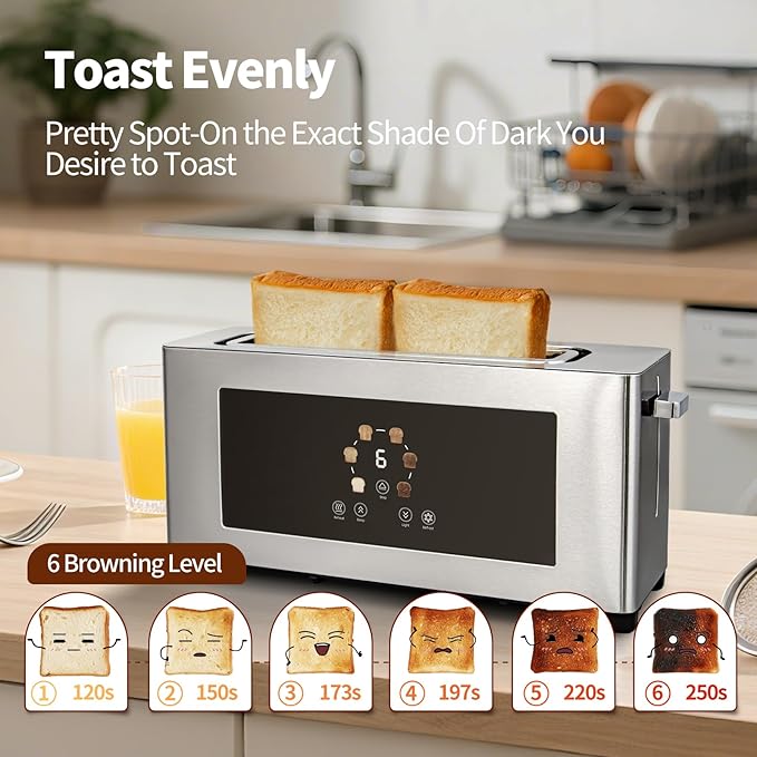 Touch Screen Toaster with LCD Display Slim Toaster 2 Slice - Long 10 Slot for Baguettes &amp Extra Wide 1.6 Slot 6 Browning Levels 1200W Space Saving