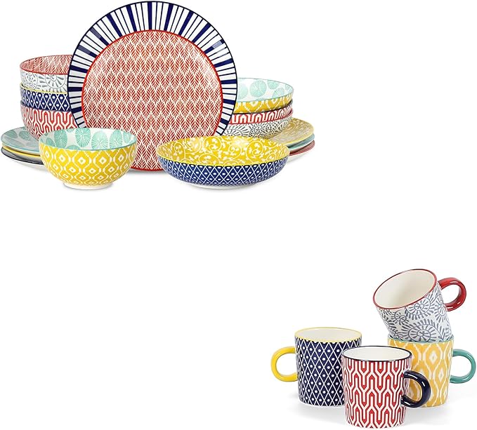 Selamica Ceramic Dinnerware Set 16 Pieces + 5 Oz Espresso Cups Set of 4 Assorted Colors