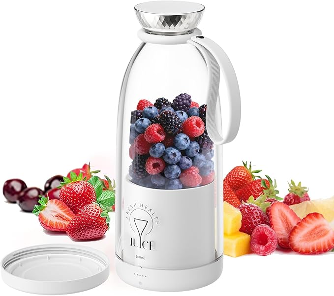 Portable Blender Personal Smoothie Maker with 6 Blades Rechargeable Mini Juicer Cup 17 oz with Travel Lid for Outdoors Camping Office Kitchen (White)