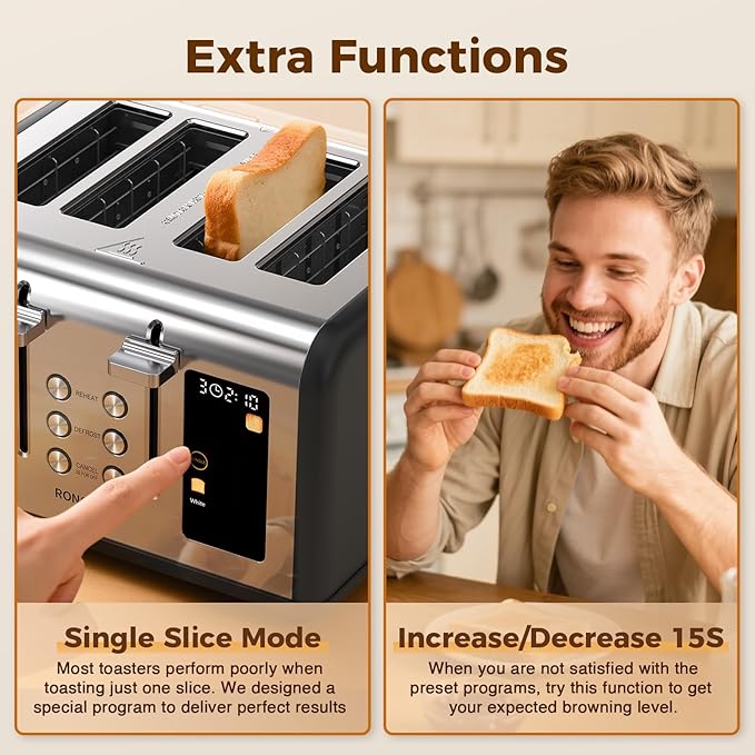 4 Slice Touch Screen Toaster Easy-to-Use Digital Stainless Steel Toaster with Wide Slots Reheat Defrost Cancel Removable Crumb Tray Matte Black