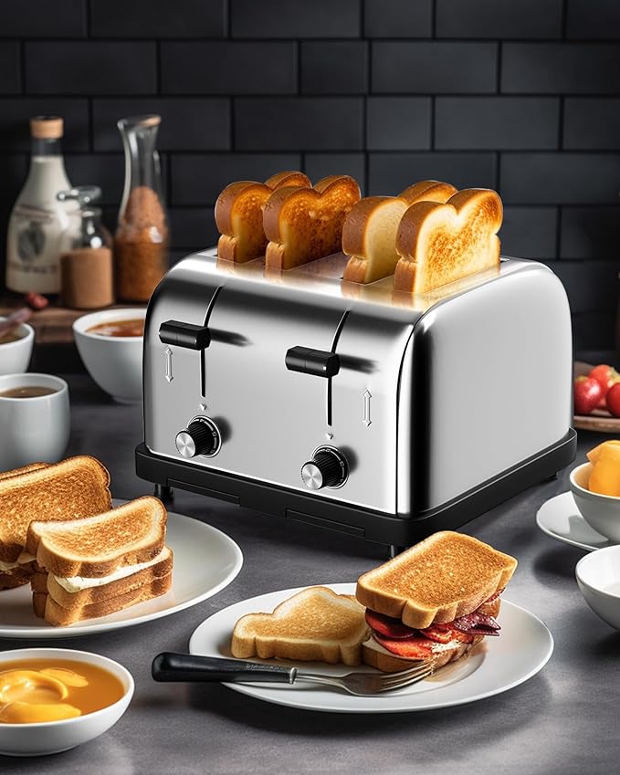 WantJoin Commercial 4-Slice Toaster 1800W 225 Slices/Hour with 1.57 Inch Wide Slots 6-Level Setting &amp Removable Crumb Tray Stainless Steel for Restaurant Breakfast (Bread Bagels)