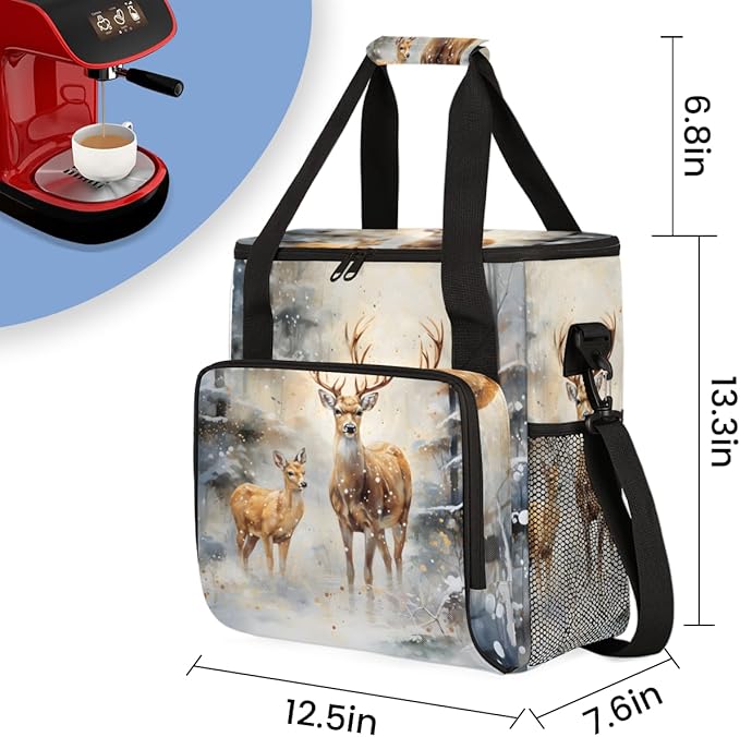 Forest Elk Coffee Maker Carrying Bag Winter Elk Portable Travel Storage Tote Bag Compatible with K-Mini or K-Mini Plus Single Serve Coffee Brewer Carrying Case with Multiple Pockets &amp Shoulder S