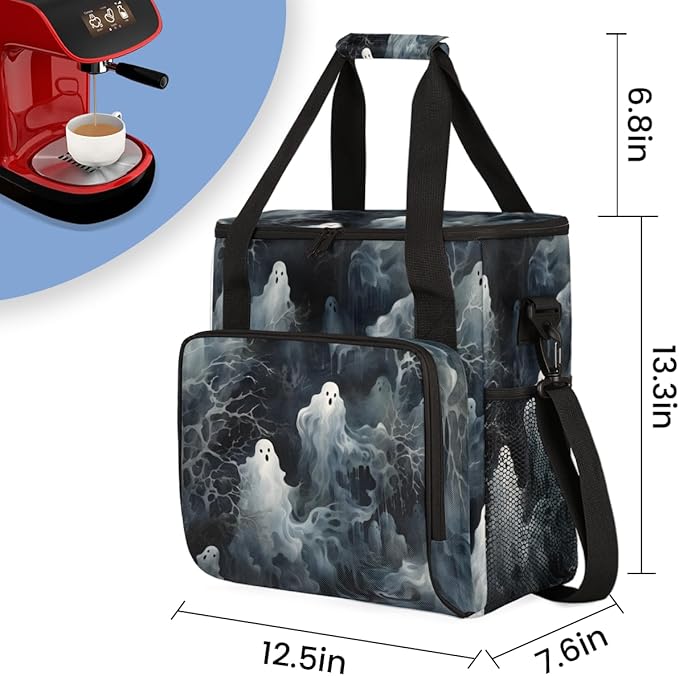 Halloween Ghosts Coffee Maker Carrying Bag Abstract Ghosts Travel Storage Bag Compatible with K-Mini or K-Mini Plus Single Serve Coffee Brewer Carrying Case with Multiple Pockets &amp Shoulder Stra