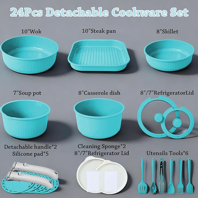 24 Pcs pots and pans setcookware set non stickpots and pans set Oven-safe and dishwasher-safePFAS/PFOA FreeInduction Dishwasher Oven Safe cookware set (Blue)