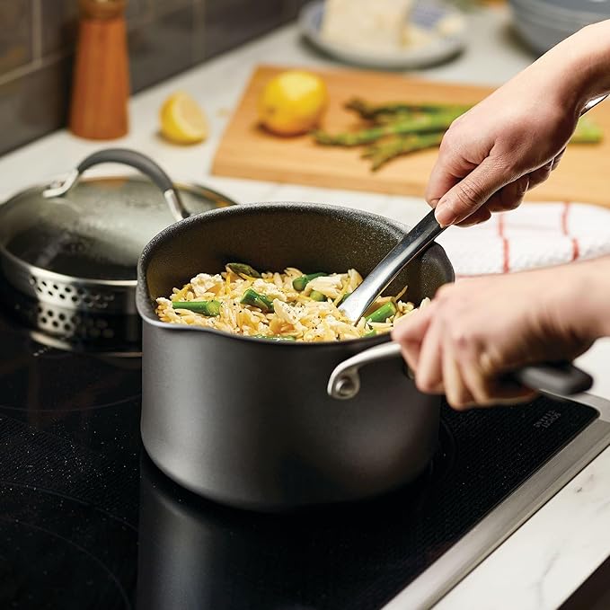 Circulon A1 Series with ScratchDefense Technology Nonstick Induction Straining Sauce Pan with Lid 3 Quart Aluminum Graphite