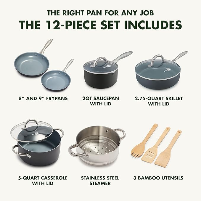 GreenPan Lima Hard Anodized Healthy Ceramic Nonstick 12 Piece Cookware Pots and Pans Set PFAS-Free Oven Safe Gray