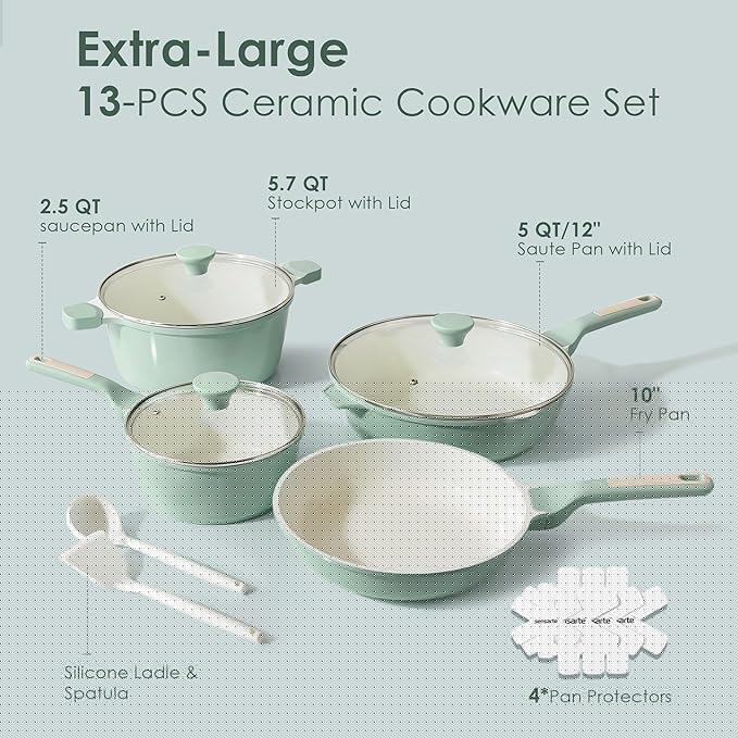 SENSARTE Nonstick Ceramic Cookware Set Large 13-Piece Healthy Pots and Pans Set Dishwasher Safe Non-toxic Kitchen Cooking Set with Stay-Cool Handles Induction Compatible PFAS Free Green