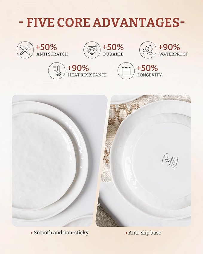 Famiware Porcelain kitchen plates and bowls set Modern dishes set for 4 Handmade Wave Edge Dinnerware Sets Microwave and Dishwasher Safe Tableware Polar White (16pc)