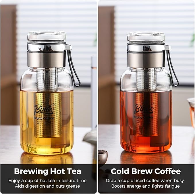 Bincoo Glass Cold Brew Coffee Maker with Extended Fine Mesh Filter Tea Infuser Bottle Iced Coffee Maker with Thick Borosilicate Glass (750ml/24oz)