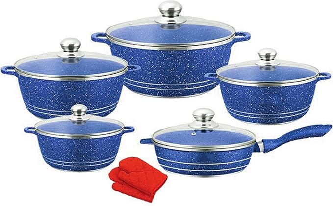 Cookware Set Non Stick 10 Piece Nonstick Aluminum Kitchenware with Glass Lids Marble Coated Pots and Pans for Frying and Cooking Essentials Blue