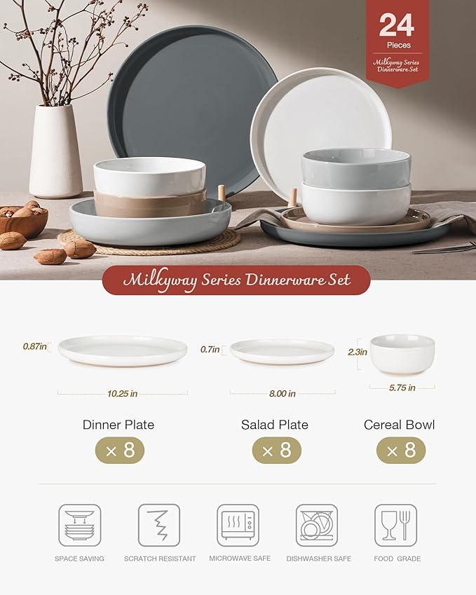 Famiware Milkyway Dinnerware Sets 24 Piece Dish Set Plates and Bowls Sets for 8 Multi-color