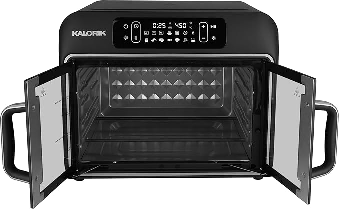 Kalorik Air Fryer Convection Oven Designer Series 26-Quart with Dual Speed Fan Easy Pull French Doors and 14 Smart Cooking Presets Includes 5 Cooking Accessories 1700-Watts Black
