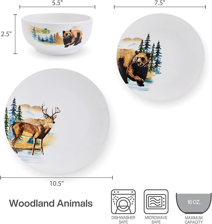 Studio Nova Woodland Animals Lodge 12 Piece Dinnerware Set Service for 4 White