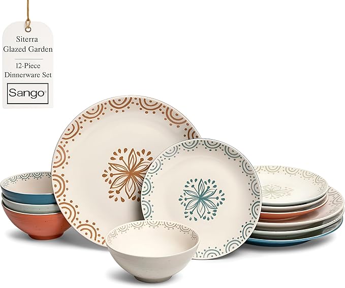 Sango 12-Piece Speckled Stoneware Dinnerware Set for 4- Glossy Plates and Bowls Set with Hand-Painted Floral Pattern Rustic Ceramic Dish Set Elegant Dishes for Everyday Dining Siterra Glazed Garden