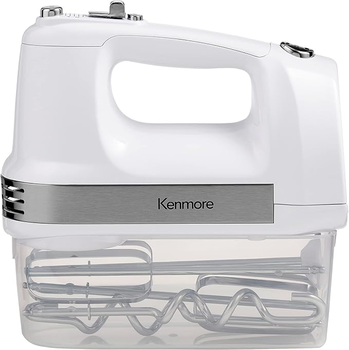 Kenmore 5-Speed Hand Mixer/Blender 250 Watts with Beaters Dough Hooks Liquid Blending Rod Automatic Cord Retract Burst Control and Clip-On Accessory Storage