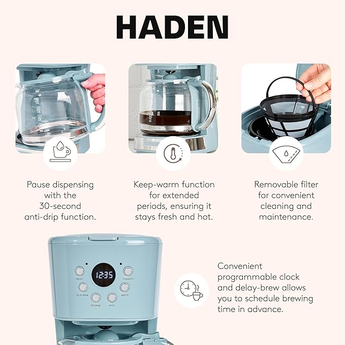 Haden Brighton Coffee Machine 12 Cup Programmable Drip Coffee Maker with Auto Shut-Off Function and Reusable Washable Water Filter Sky Blue &amp Chrome