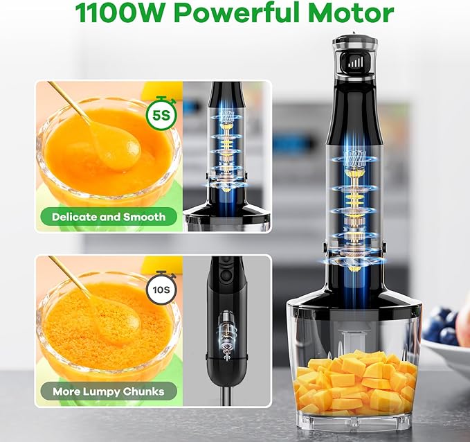 Immersion Blender Handheld Corded Hand Blenders Set 1100W Trigger Variable Speed 5 in 1 Stick Emulsifier with Chopper Whisk and Frother for Soup Baby Food and SmoothiesBlack