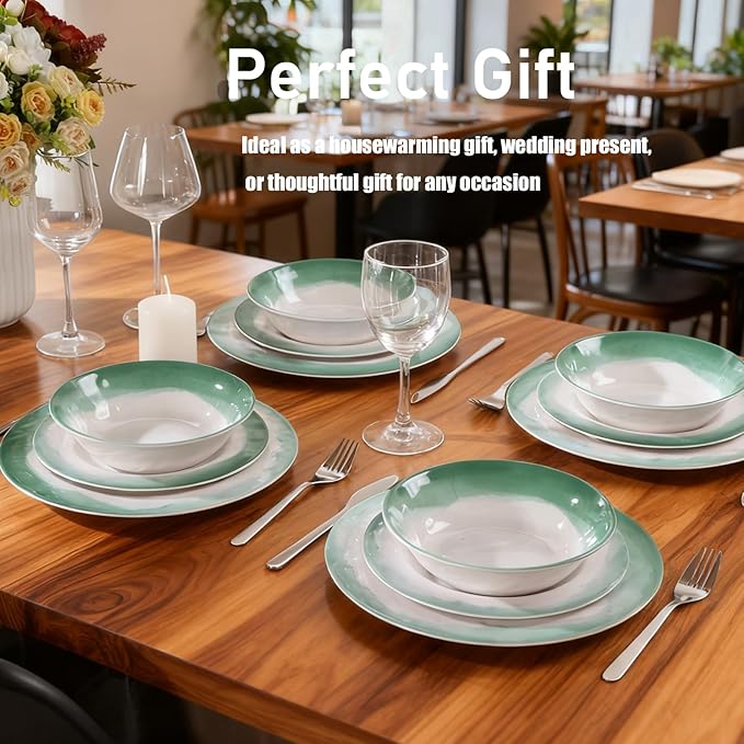Melamine Dinnerware Sets 12pcs Plates and Bowls Set service for 4 Dishwasher Safe Indoor and Outdoor Use Green Melamine dishes