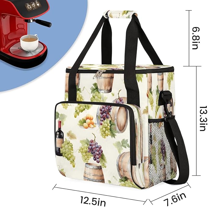 Red Wine Grapes Coffee Maker Carrying Bag Compatible with K-Mini or K-Mini Plus Portable Single Cup Coffee Maker Case with Pockets for K Cup Pods