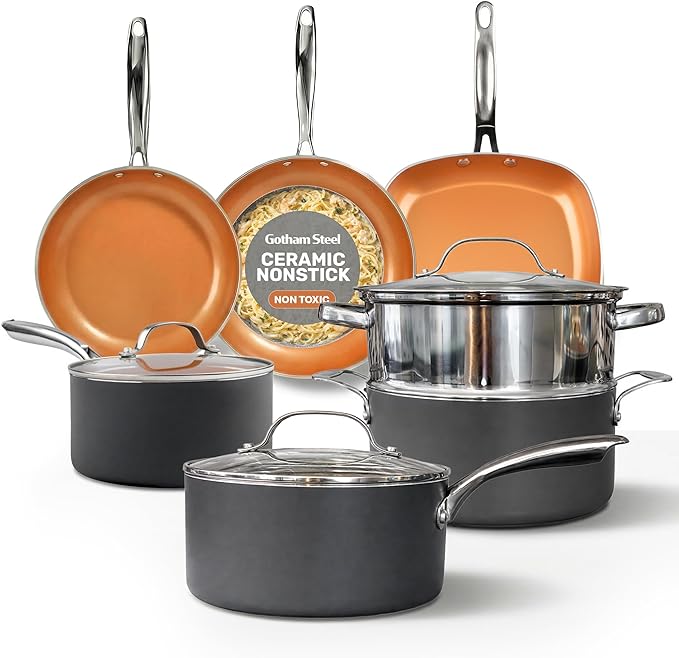 Gotham Steel 12 Pc Ceramic Cookware Set Nonstick Ceramic Pots and Pans Set Non Stick with Steamer for Cooking Non Toxic PFOA PFOS Free Ergonomic Stay Cool Handles Oven &amp Dishwasher Safe Coppe