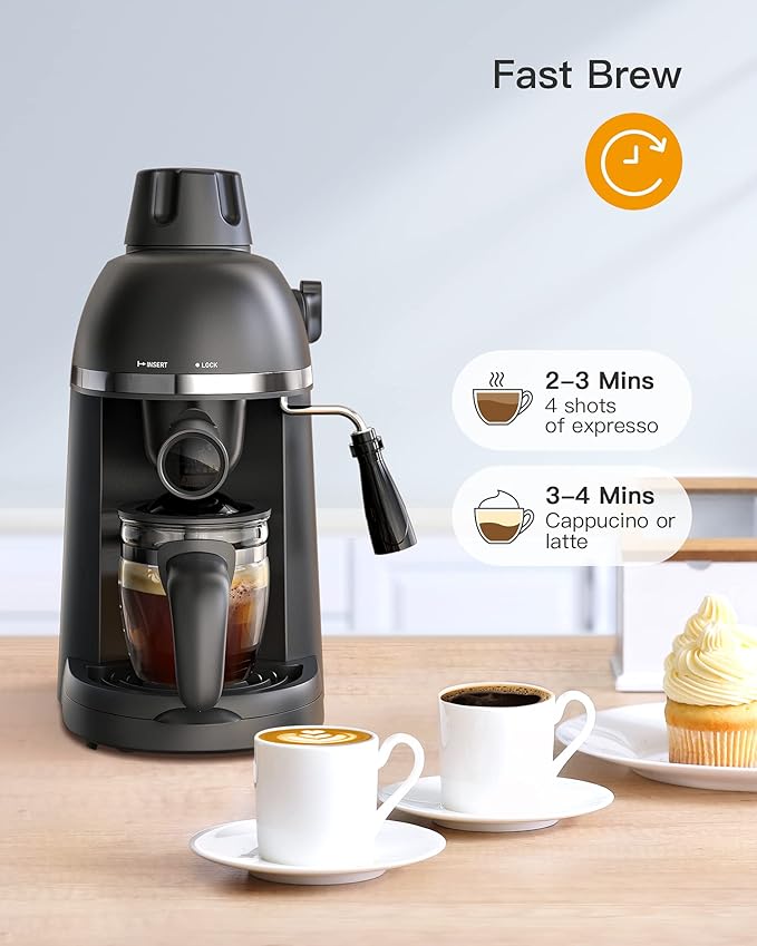 Steam Espresso Machine with Milk Frother 1-4 Cup Mini Expresso Coffee Maker for Home Latte Cappuccino Machine Includes Carafe Black