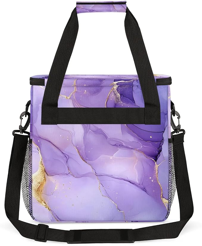 Purple Coffee Maker Travel Bag Marble Insulated Grocery Bag Travel Picnic Leakproof Cooler Bags With Shoulder Strap