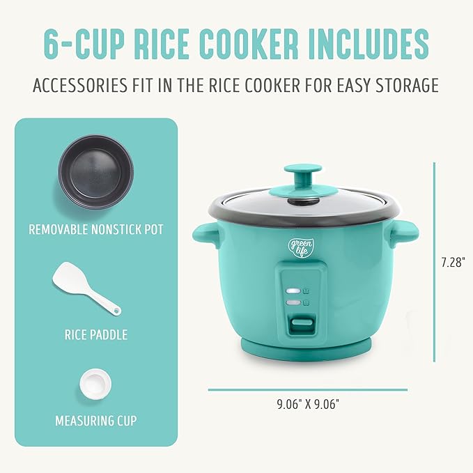 GreenLife Rice Cooker with Removable PFAS-Free Ceramic Nonstick Pot 3-Cups Uncooked/6-Cups Cooked Grains &amp Oatmeal Multicooker Compact One-Switch Design Auto Keep Warm Easy Clean Turquoise