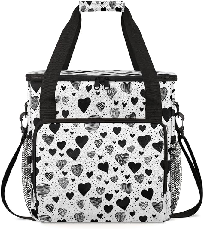 Black White heart Coffee Maker Carrying Bag Portable Travel Storage Tote Bag Compatible with K-Mini or K-Mini Plus Single Serve Coffee Brewer Carrying Case with Multiple Pockets &amp Shoulder Strap