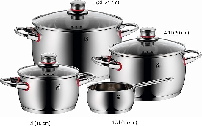 WMF Cookware Set 4-Pieces Quality One Vapor Hole Glass Lid Cromargan® Stainless Steel Brushed Suitable for All Stove Tops Including Induction Dishwasher-Safe