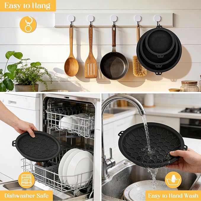 3 Piece Set Silicone Pan Protectors (Includes 81012) Pan Separators for Stacking Compatible with Hexclad Tfal All-Clad Nonstick Frying Pans and More Cookware Protector Dishwasher Safe Black