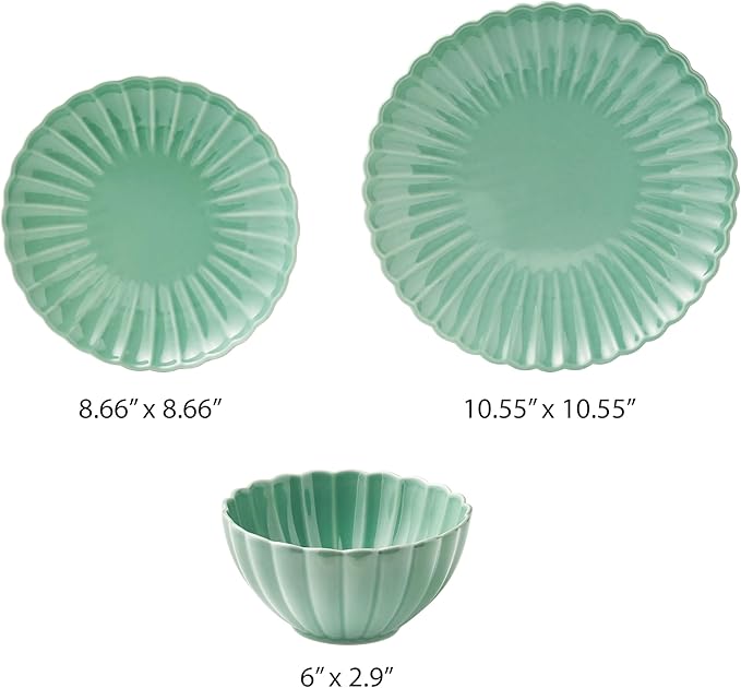 12 Pieces 4-person Set of Ceramic Tableware Including Plates Salad Plates Bowls Etc. with A Wave-shaped Design. Suitable for Daily Dining and Gatherings with Friends. Green Tableware Set