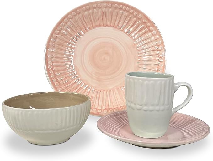 Artesa Pastel 4-Piece Color Full Mix Match 1 Dinnerware Set – Handmade Ecuadorian Ceramic Pink Mint &amp Brown Plates and Bowls with Cup Embossed Pattern Microwave Safe Lead-Free