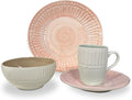 Artesa Pastel 4-Piece Color Full Mix Match 1 Dinnerware Set – Handmade Ecuadorian Ceramic Pink Mint &amp Brown Plates and Bowls with Cup Embossed Pattern Microwave Safe Lead-Free