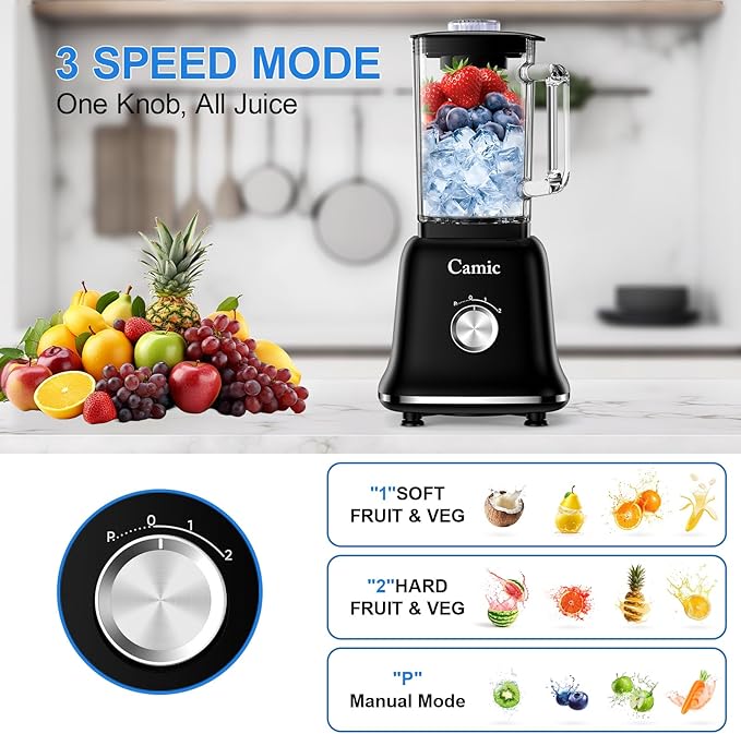 Glass Blenders for Kitchen with 750W 54Oz. Countertop Blender Glass Jar Food Processor Combo BPA-Free Blender for Smoothies Ice CrushNuts Frozen Drinks and Fruits (Black)