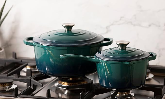 Larder &amp Vine 5-Piece Enameled Cast Iron Cookware Set - Includes 5.7 Quart Dutch Oven with Lid 10.25 Inch Skillet 2.2 Quart Saucepan with Lid (Bondi)