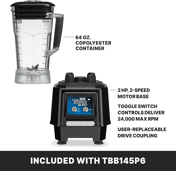 Waring Commercial TBB145P6 TORQ 2 Horsepower Blender 2 speed Toggle Switch Controls with 64 oz. BPA Free Container 120V 5-15 Phase Plug Black