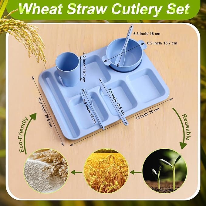 Bokon 24 Pcs Divided Plate for Adult Wheat Straw Lunch cutlery Set Toddler Dinnerware Microwave Safe Picnic School(Mixed Color)