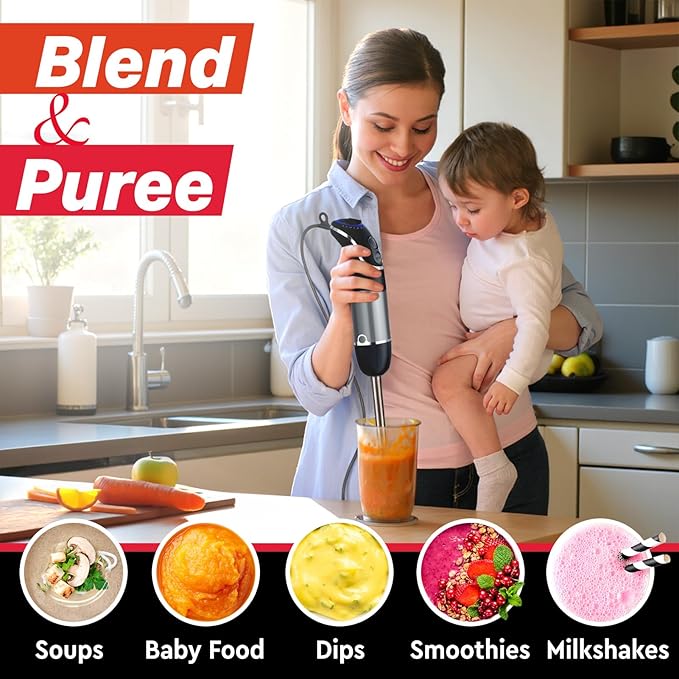 Mueller Multistick 800W 5-in-1 Immersion Blender Handheld 12 Speed Hand Mixer - Turbo Boost Heaviest Duty Copper Motor Titanium Blades Hand Blender Milk Frother Wand Whisk Kitchen Gadgets Black