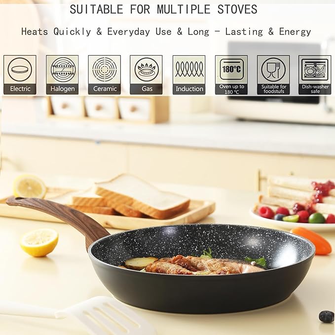 Pots and Pans Set Non Stick Ceramic Cookware Set with Granite Pattern Kitchen Cooking Sets Induction Pot and Pan w/Frying Pans Saucepans Casserole Non-Toxic PTFE/PFOA/PFOS-Free Black
