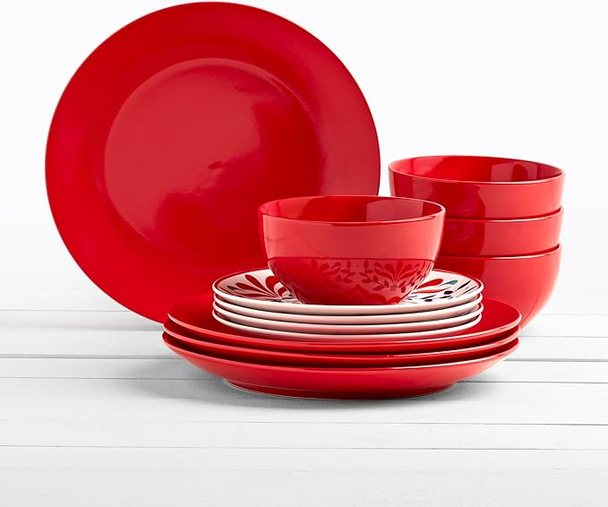 Tabletops Gallery 12-Piece Camila Patterned Ceramic Dinnerware Set of Kitchen Dishes Dinner Plates Cereal Bowls Service for 4 Red