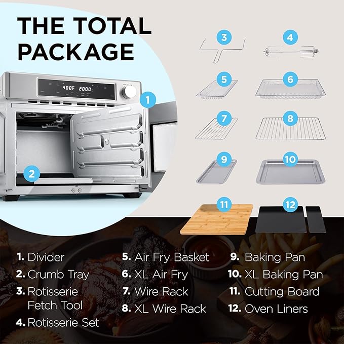 Ivation Dual Zone Air Fryer French Door Oven - 32 Quatity Convection Toaster Combo 10-in-1 Multifunction Up to 450° - 1800W - Temperature Control Timer - Stainless Steel - Dehydrate Bake Roast