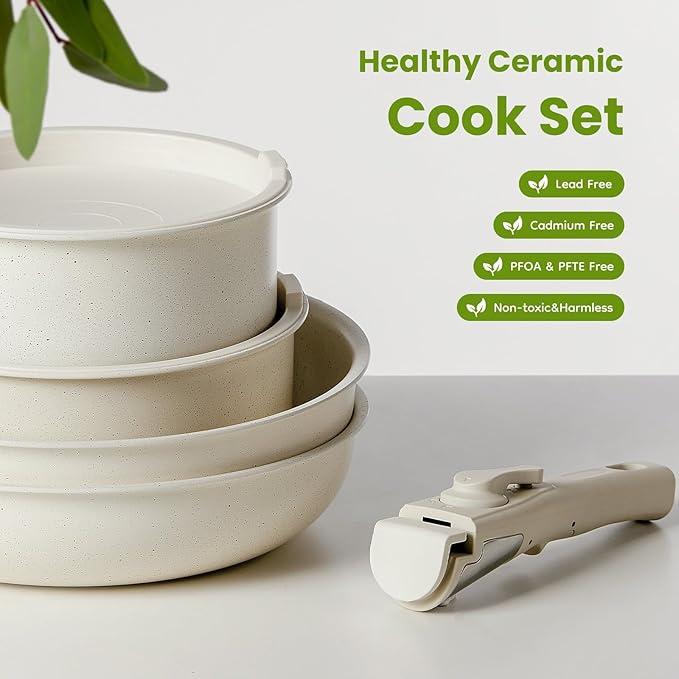 12-Piece Ceramic Non-Stick Cookware Set Includes Spatula &amp Detachable Handles Versatile Pots and Pans Set for Frying Sautéing Stewing Beige Ceramic Coated Cookware Set