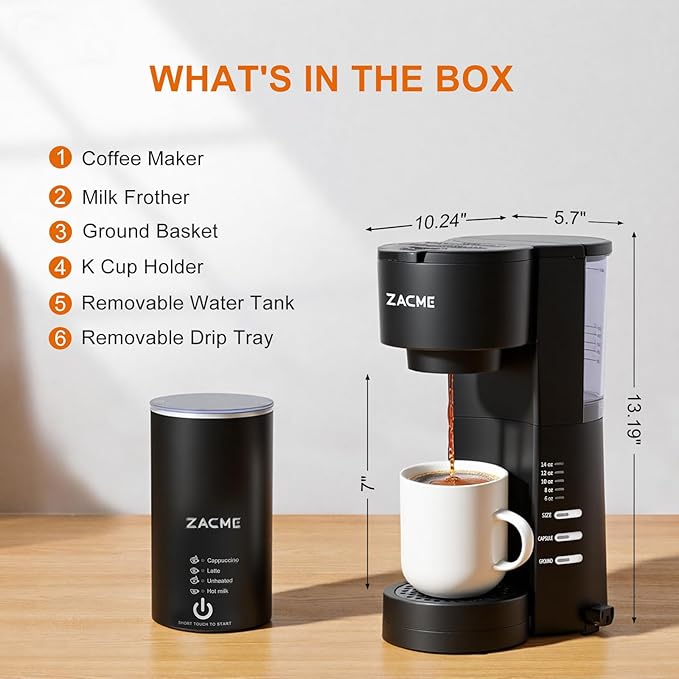 ZACME Single Serve Coffee Maker with Milk Frother Coffee Machine with Brewing &amp Frothing System 28oz Water Tank Adjustable Brew Strength Quick Brew Self-Cleaning