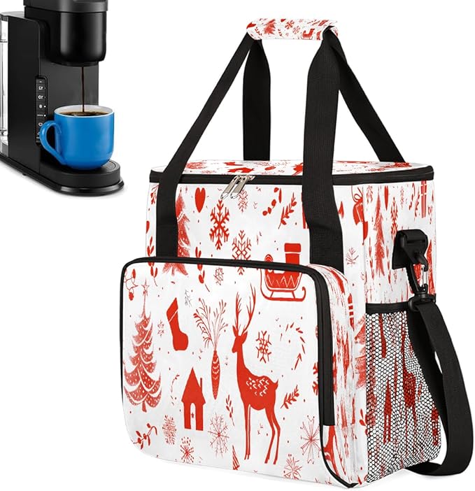 Christmas (740) Coffee Maker Carring Bag Travel Carrying Storage Tote Bag Compatible with Keurig K-Mini or K-Mini Plus Portable Single Serve Coffee Brewer Case with Pockets for K-cup Pods