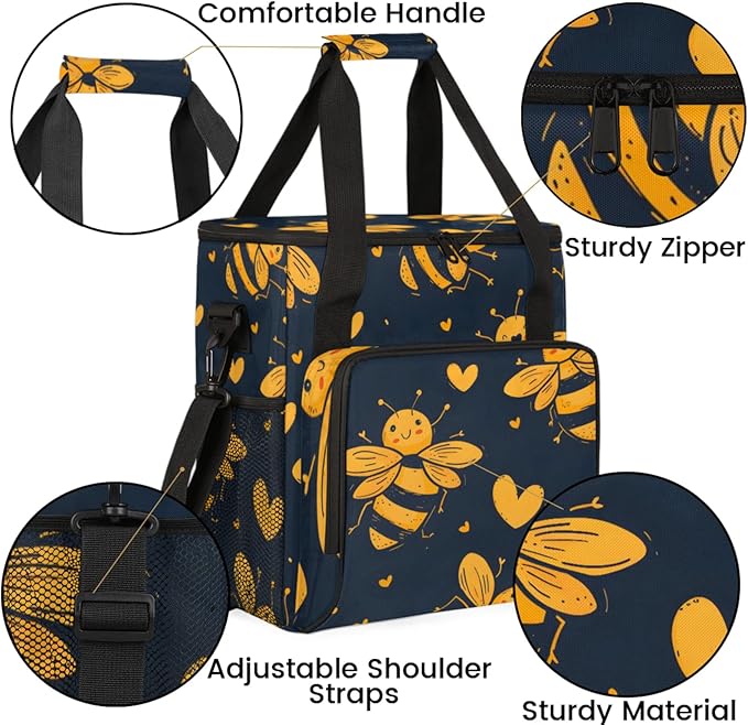Bees Love Heart Coffee Maker Travel Bag for Keurig K-Mini/K-Mini Plus Insulated Waterproof Tote with Pockets for K-Cup Portable Single-Serve Brewer Case