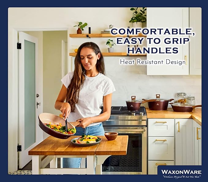 Waxonware 7pc Kitchen Pots and Pans Set Non stick German Coated Kitchen Cookware Set Premium - Dishwasher Safe and 100% PFOA and PTFE Free - Induction Cooking Non Stick Pots and Pan Set - Marbellous