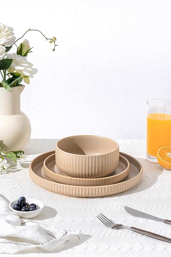 Natural Stoneware Dish Set18 Piece Plates and Bowls Sets in Warm Beige – Dinnerware for 6 for Warmhearted Homes &amp Everyday Harmony