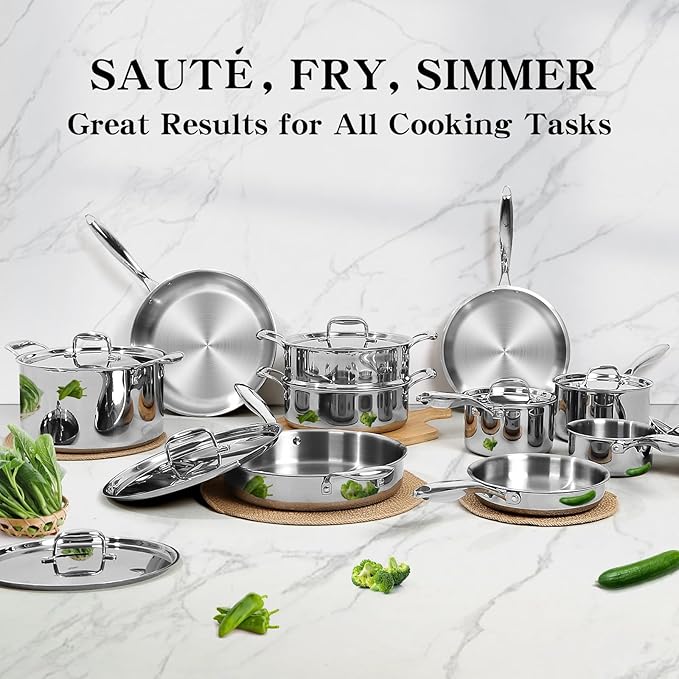 EWFEN Stainless Steel Cookware Set 3 Ply 17 Piece Stainless Steel Pot and Pan Set Oven Dishwasher Safe | Induction Compatible Frying Pans Saucepans Saute Pan &amp Stock Pot PFOA PTFE &amp PFOS
