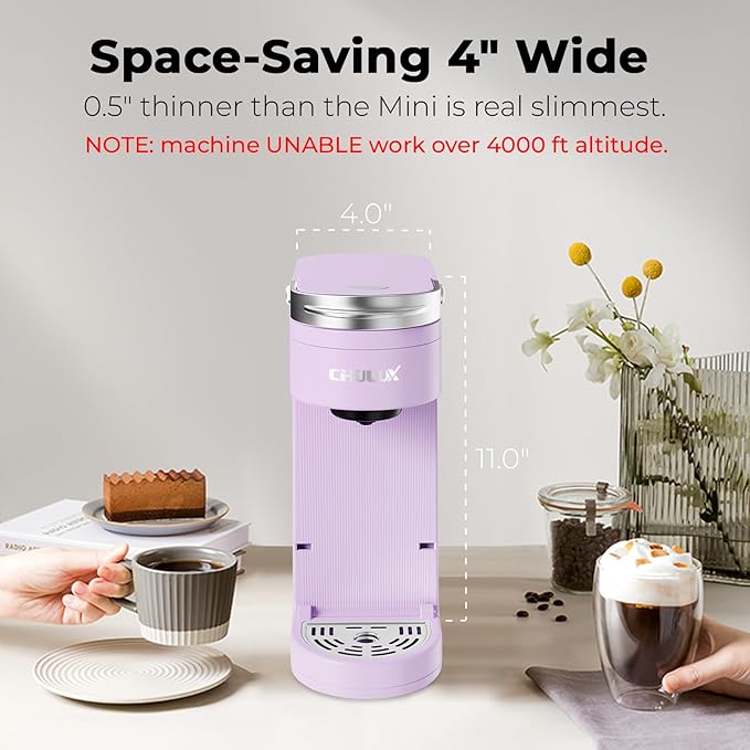 CHULUX Slim Single Serve Coffee Maker for K Pods One Cup Coffee Maker Fits 7.3 Travel Mugs Coffee Machine with 6 to 12oz Brew Sizes Lavender
