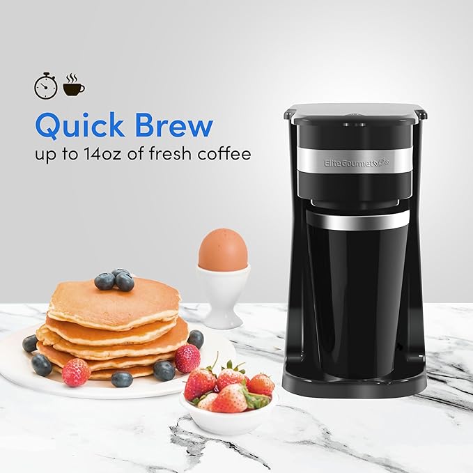 Elite Gourmet EHC113 Personal Single-Serve Compact Coffee Maker Brewer Includes 14Oz. Stainless Steel Interior Thermal Travel Mug Compatible with Coffee Grounds Reusable Filter Black